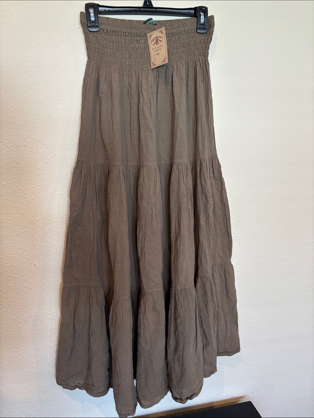Kathmandu one size Smocked Waist Maxi Skirt in Taupe/green/brown